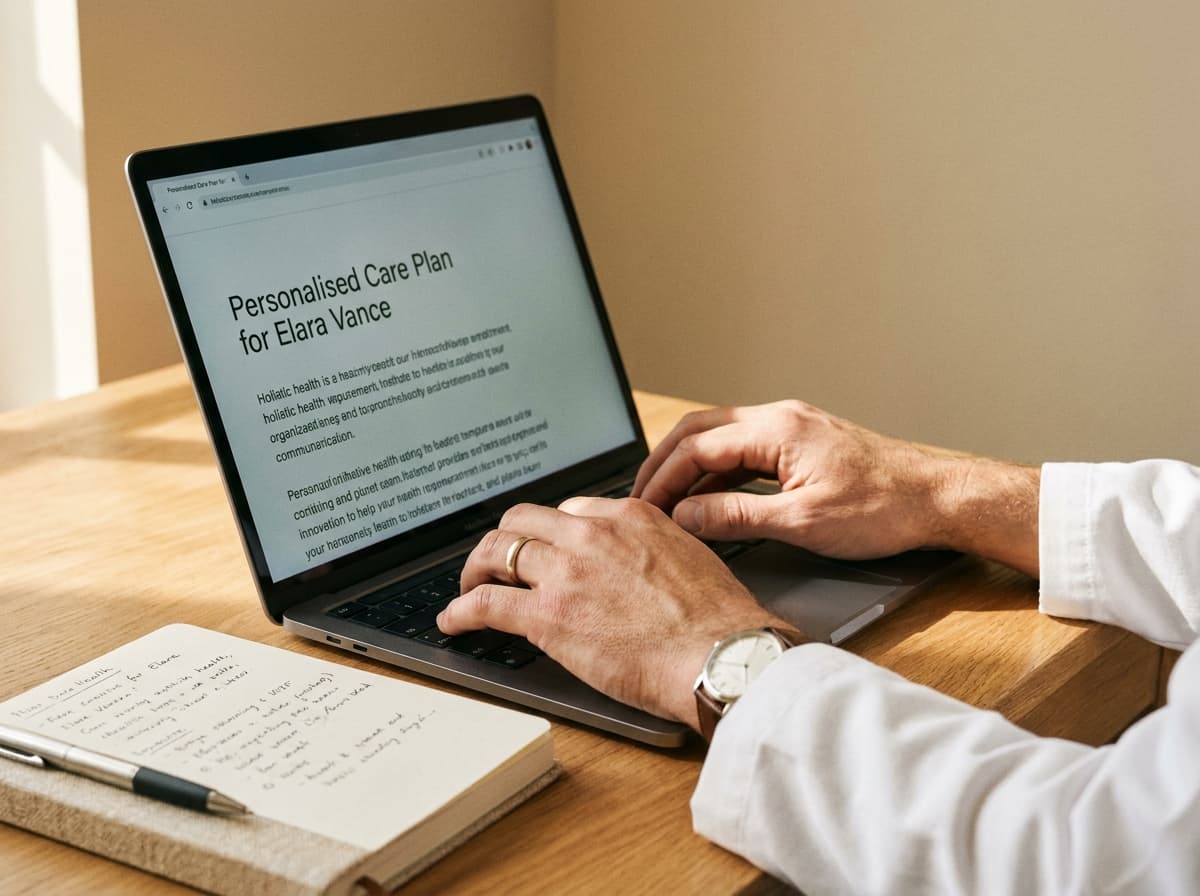 Doctor in a white coat typing a personalised care plan on a laptop