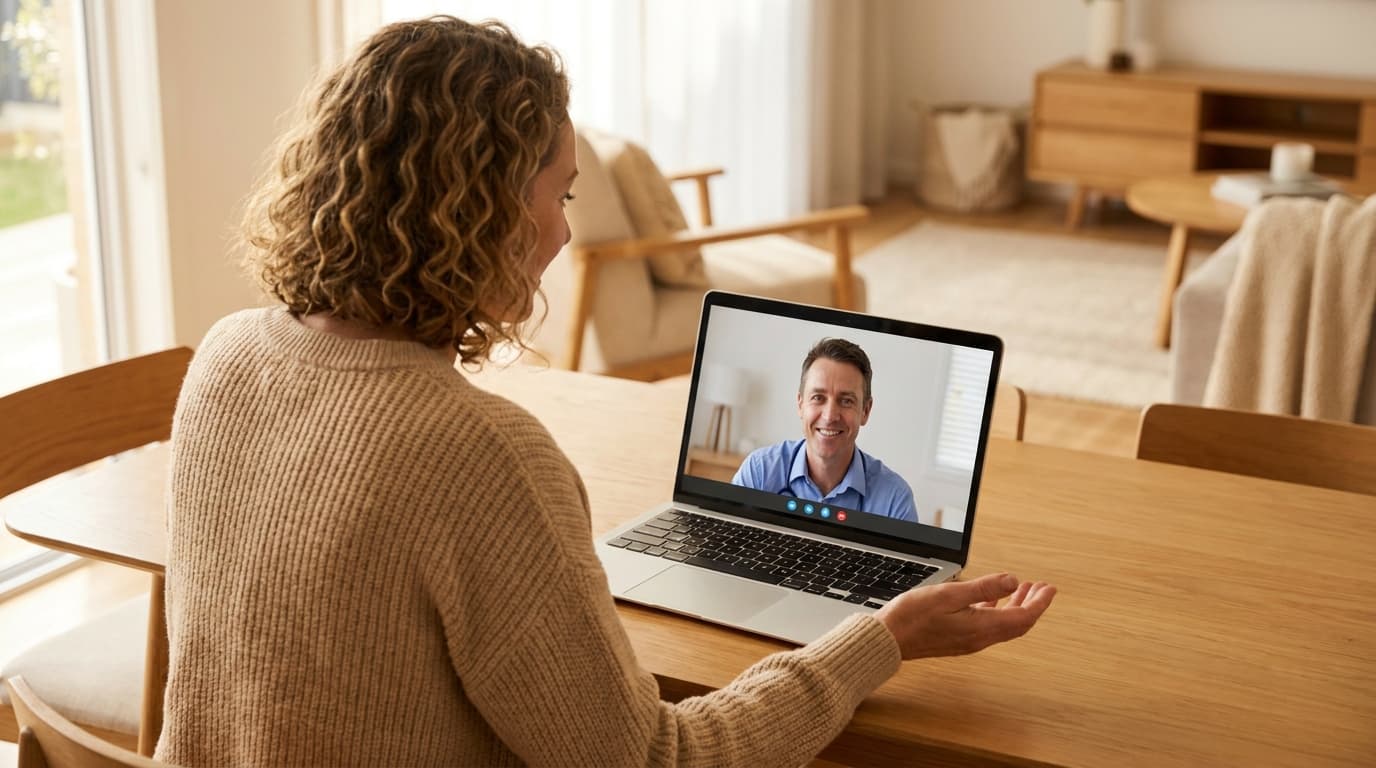 Woman at home on a video call with a doctor on her laptop, bright modern living space