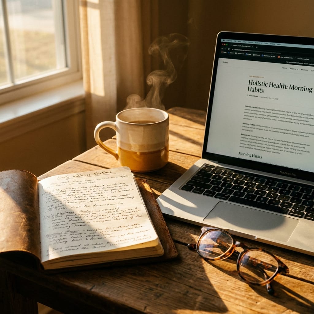 Notebook with wellness notes, laptop showing a health article, morning light on a wooden desk